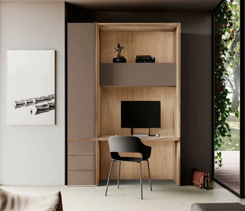 Zona studio moderna con armadio,scrivania e pensile in Bianco altea e Grigio seta disponibile in 2 misure