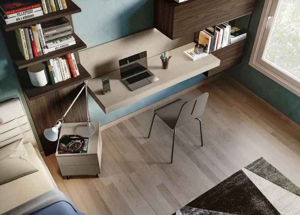 Zona studio moderna con scrivania sospesa finitura Argilla e Noce moro disponibile in vari colori